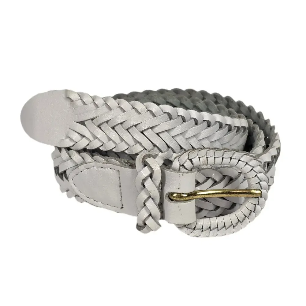 VINTAGE WHITE BRAIDED SPLIT COWHIDE LEATHER BELT – GOLD BUCKLE – SIZE L 38